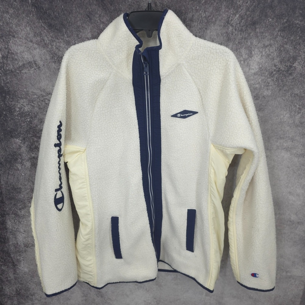 Vintage Champion Jacket Womens  Large Cream White Fleece Full Zip Spell Out Logo